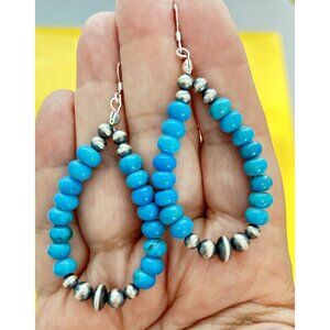 Sleeping Beauty Turquoise Teardrop Earrings w/ 9 Silver Navajo Pearls Great Gift